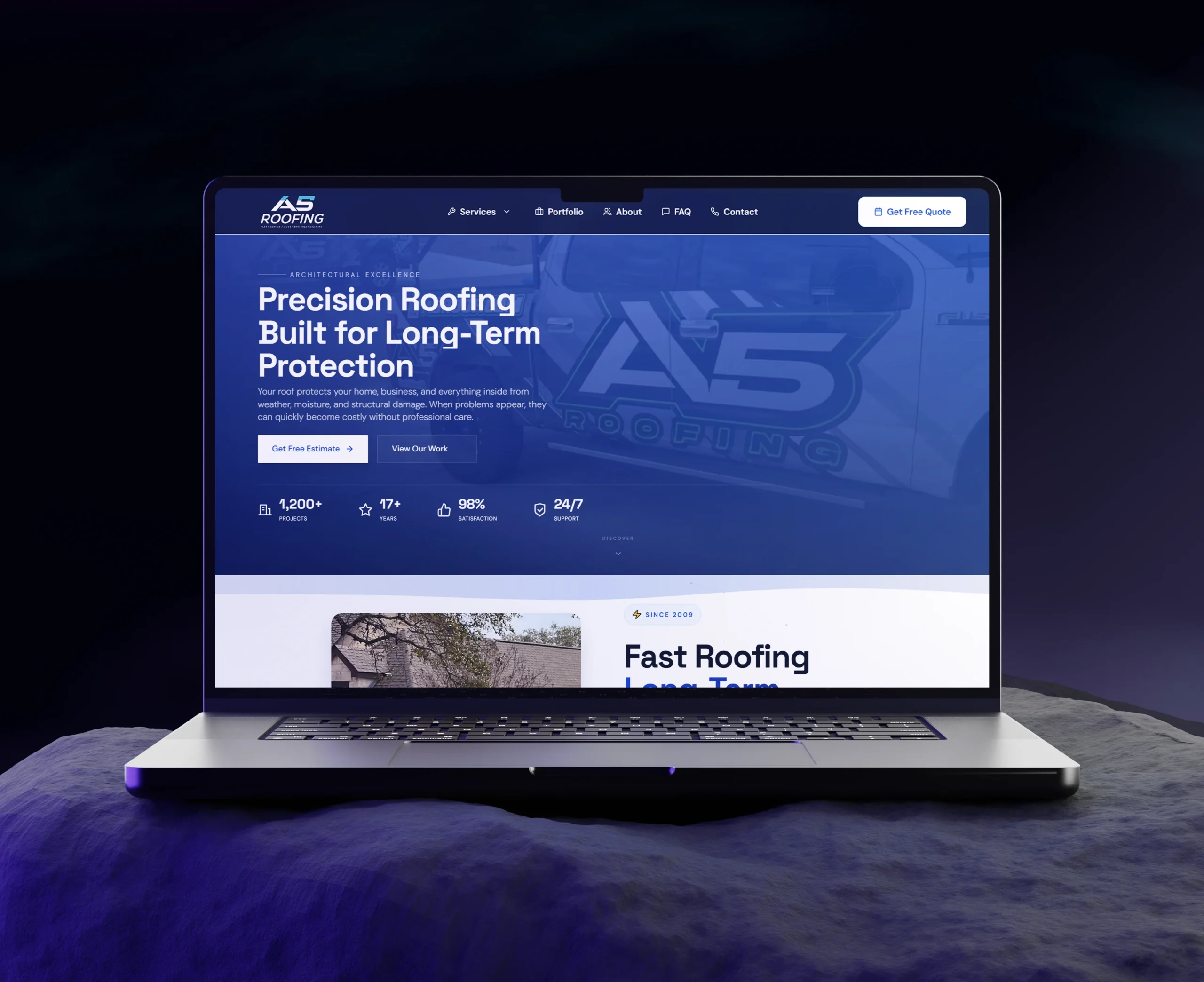 A5-Roofing-homepage-mockup designed by Dynamic Designs Agency, displayed on a laptop showing precision-roofing-services-with 1,200-plus-projects-and-17-years-of-experience.
