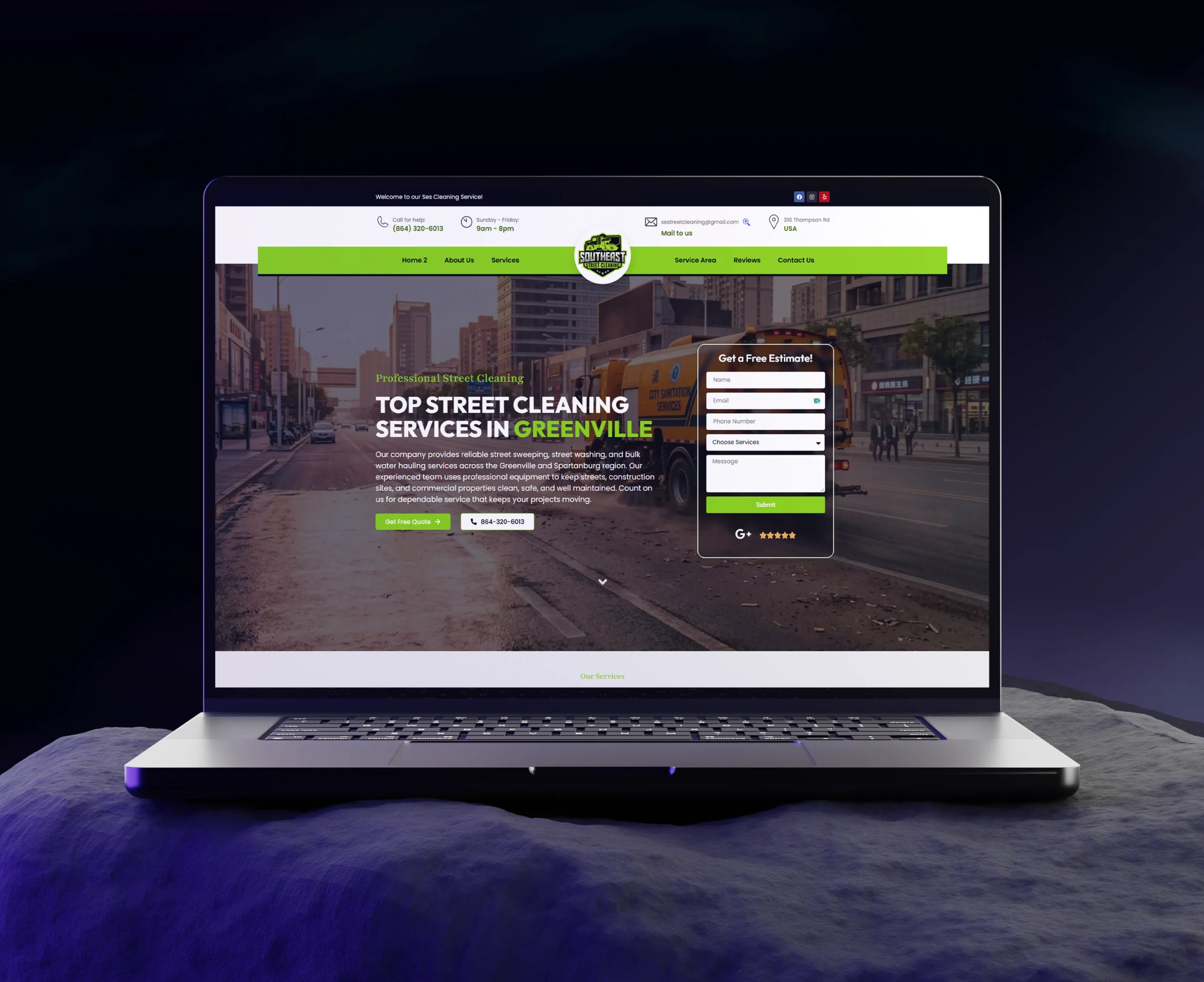 Southeast Street Cleaning Services homepage mockup designed by Dynamic Designs Agency, displayed on a laptop showing street sweeping and washing services in Greenville, SC.